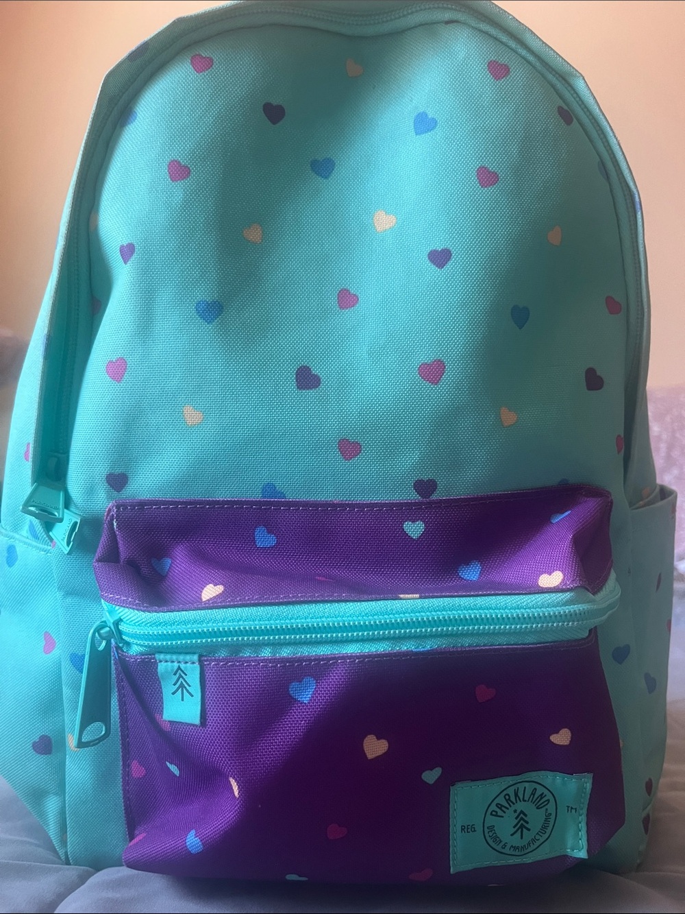 Kids Heart Print Teal & Purple Backpack by